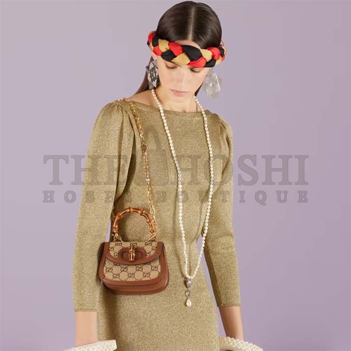 Gvc*1 Women Bamboo 1947 Mini Top Handle Bag Beige Ebony Canvas GG Crystal Master Quality