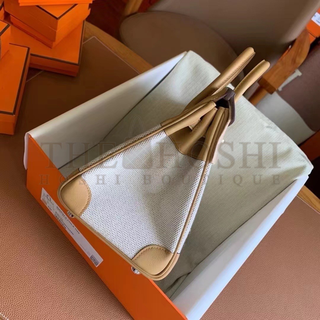 H**me5 Birkin 25 Handmade Bag In Toile & Biscuit Swift Leather Master Quality