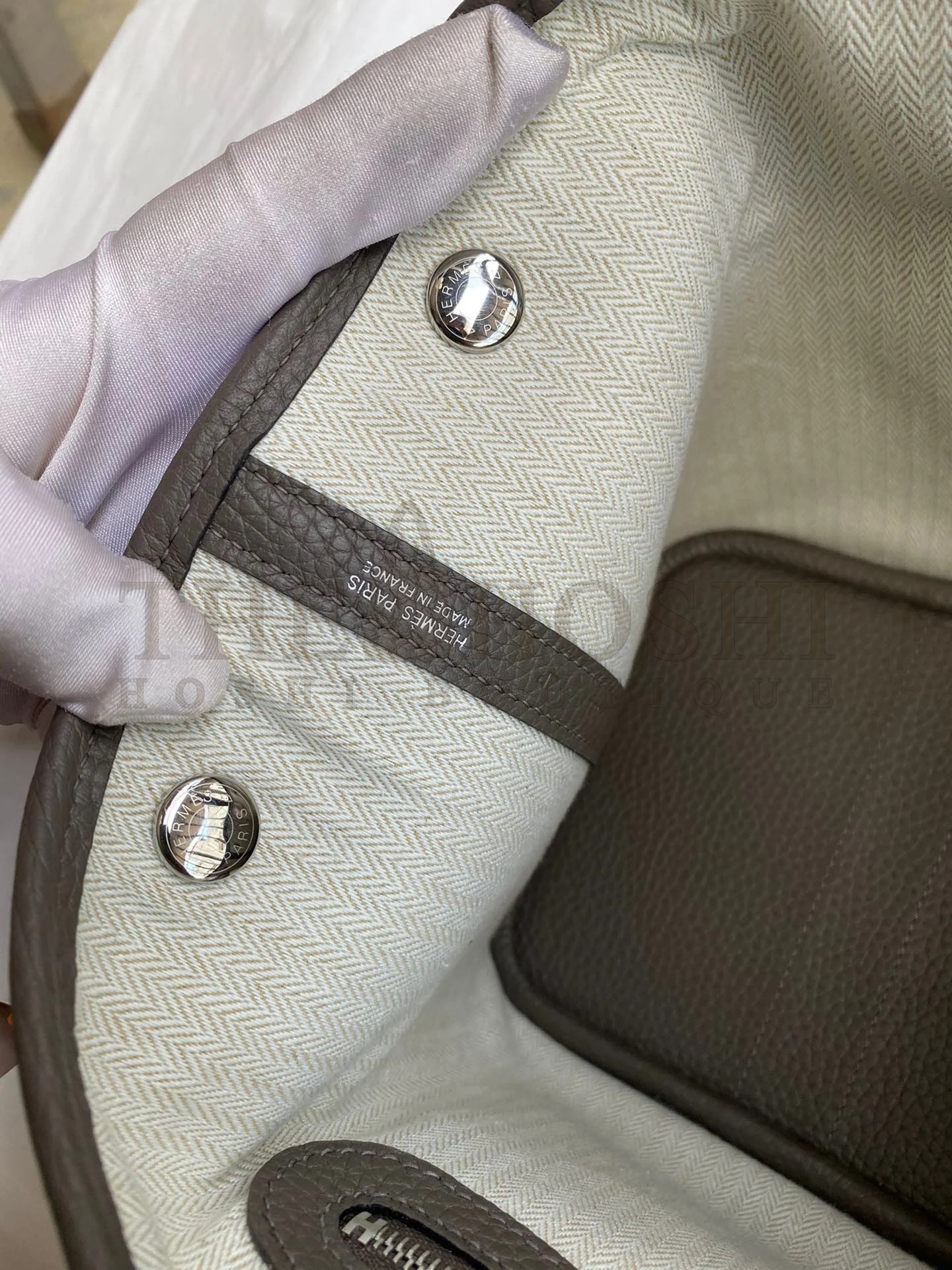 H**me5 Garden Party 30 Handmade Bag in Toile and Etain Leather Master Quality