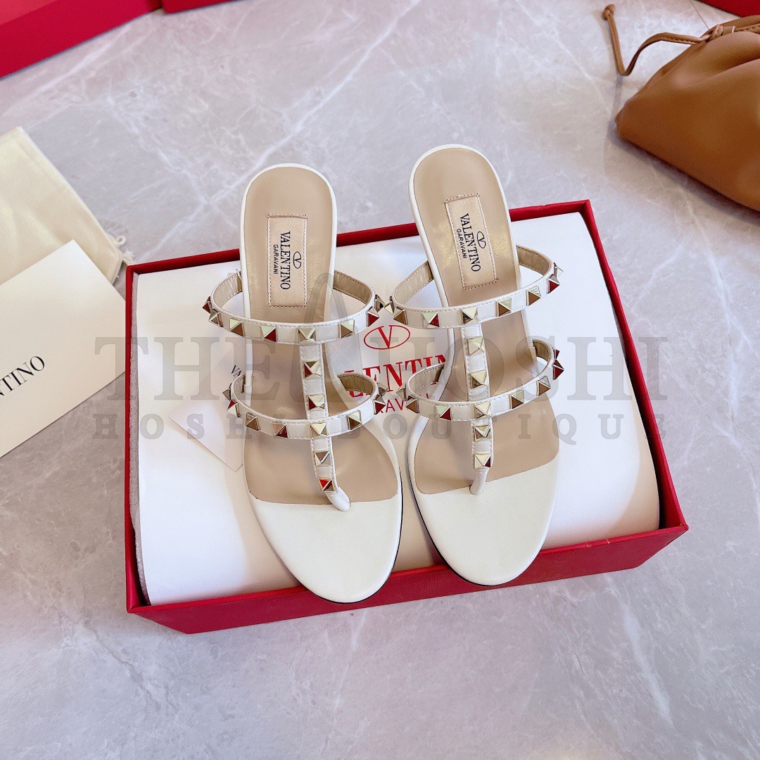 Va1e*ntin0 Rockstud Flip Flop Sandals 50mm In White Calfskin Master Quality