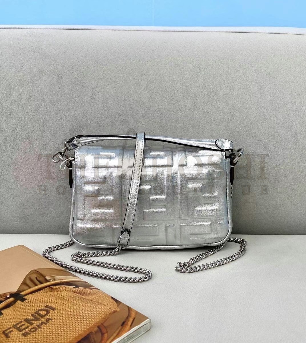 F**di Small Baguette Bag In Silver FF Metallic Leather Master Quality