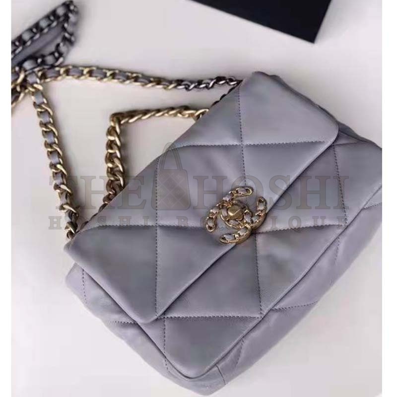 Ch**el Women 19 Flap Bag Lambskin Iridescent Gold Silver-Tone Metal Grey Master Quality