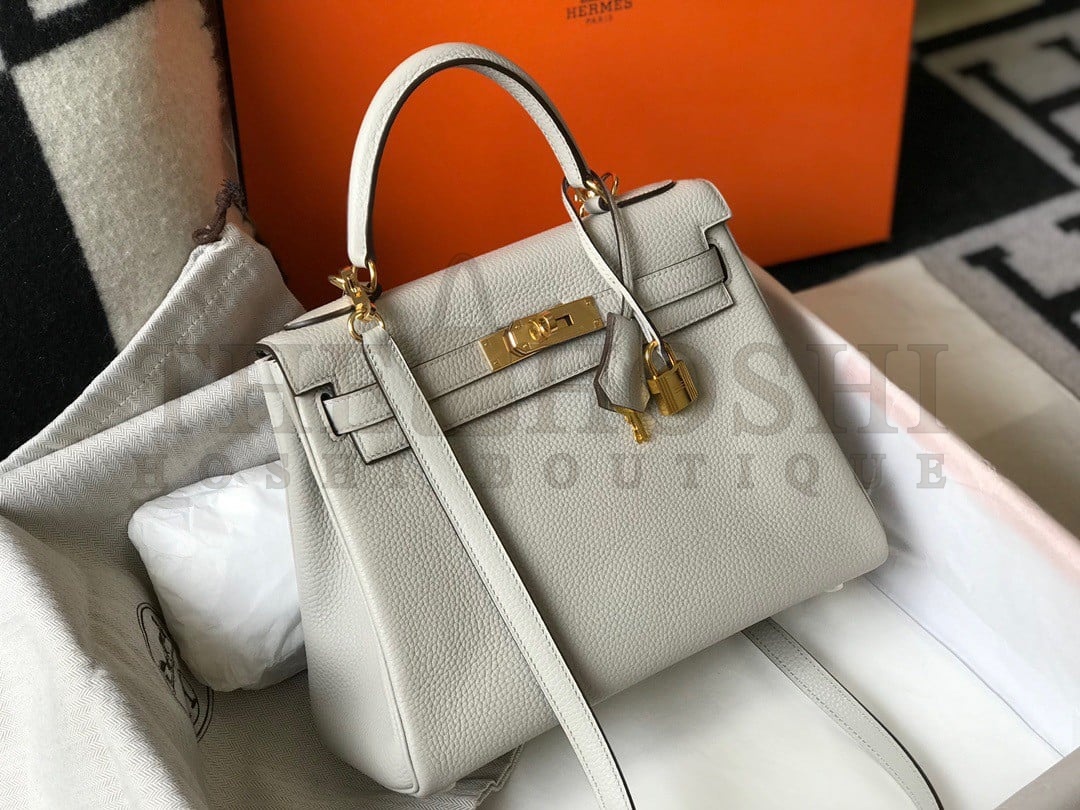 H**me5 Kelly 32cm Retourne Bag in Pearl Grey Clemence Leather GHW Master Quality