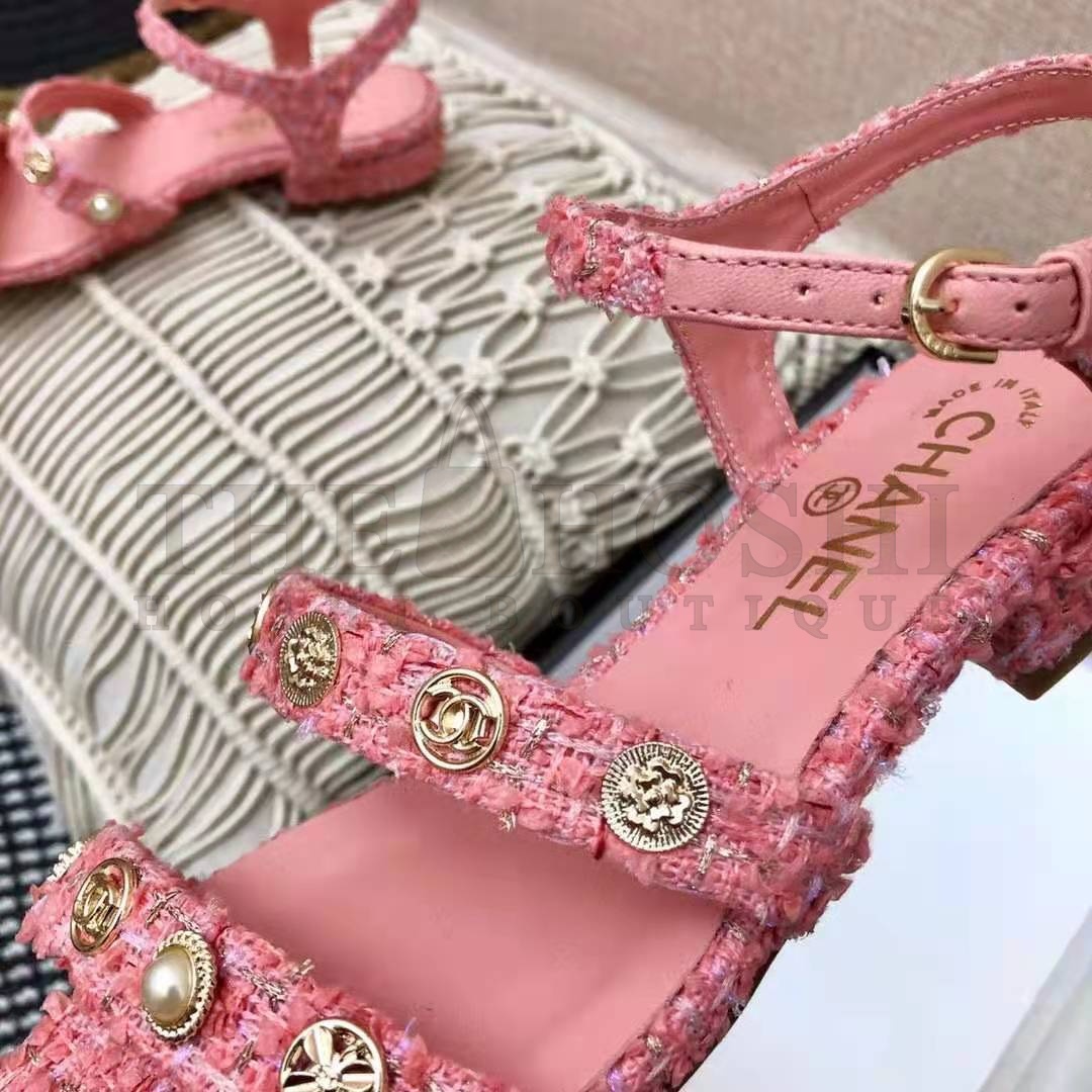 Ch**el Women Sandals Cotton Tweed & Jewelry Coral & Pink 2.5 cm Heel Master Quality
