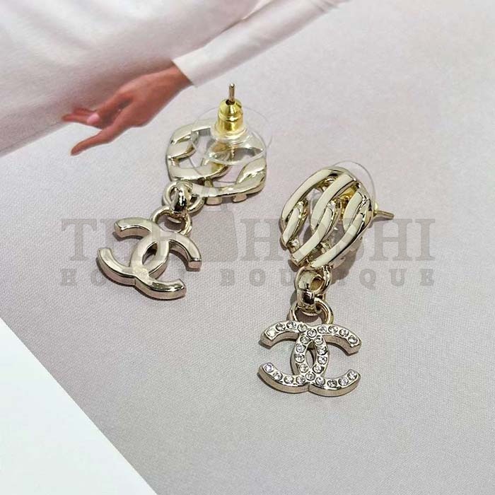 Ch**el Women CC Pendant Earrings Metal Resin Strass Gold White Crystal Master Quality