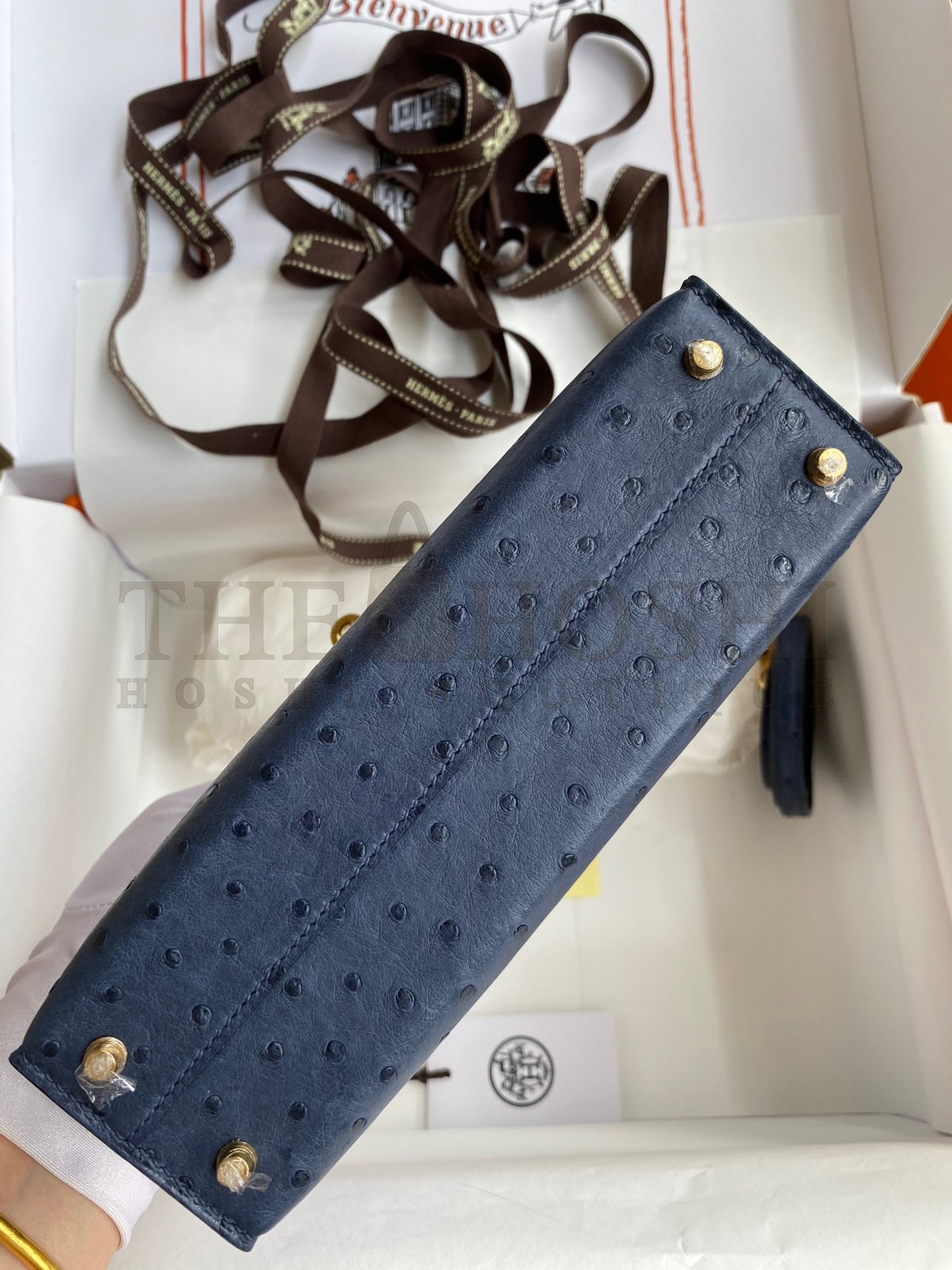 H**me5 Kelly Mini II Sellier Handmade Bag In Blue Iris Ostrich Leather Master Quality