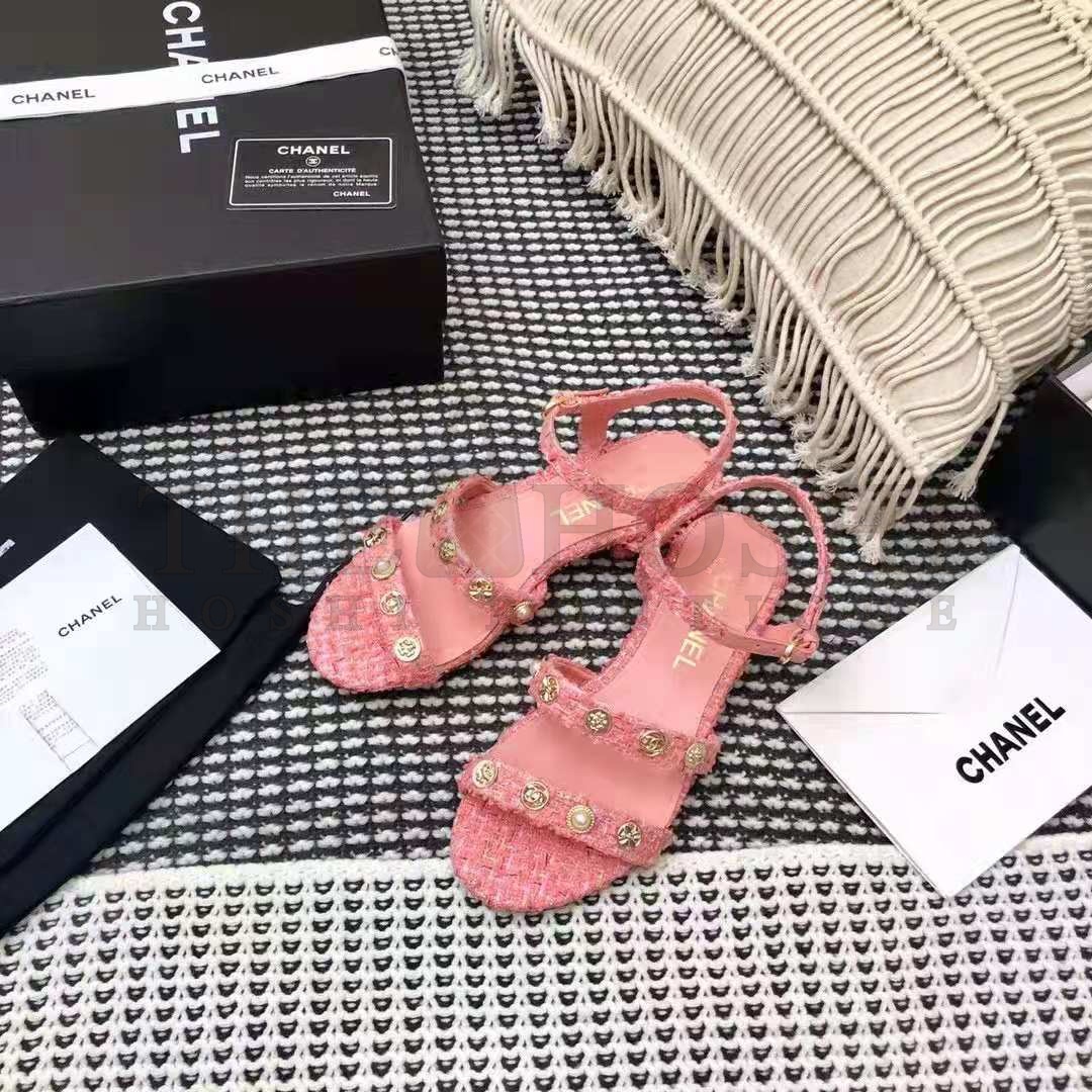 Ch**el Women Sandals Cotton Tweed & Jewelry Coral & Pink 2.5 cm Heel Master Quality