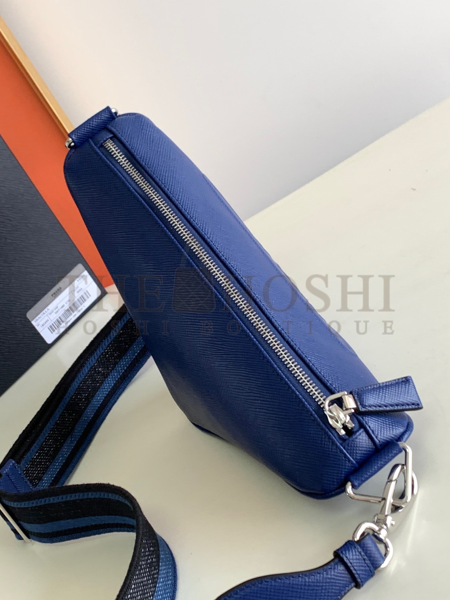 Pra*a Triangle Shoulder Bag In Blue Saffiano Leather Master Quality