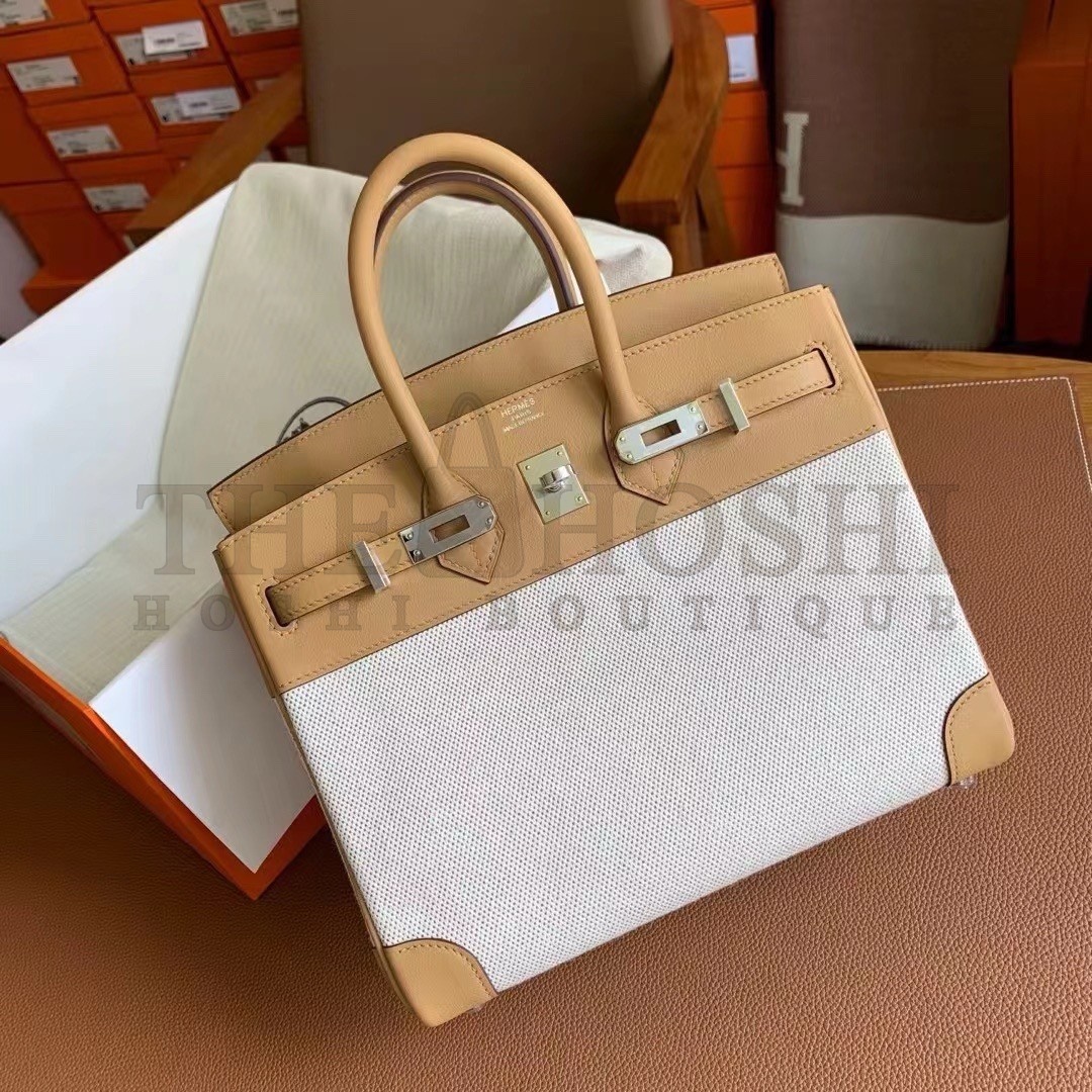 H**me5 Birkin 25 Handmade Bag In Toile & Biscuit Swift Leather Master Quality