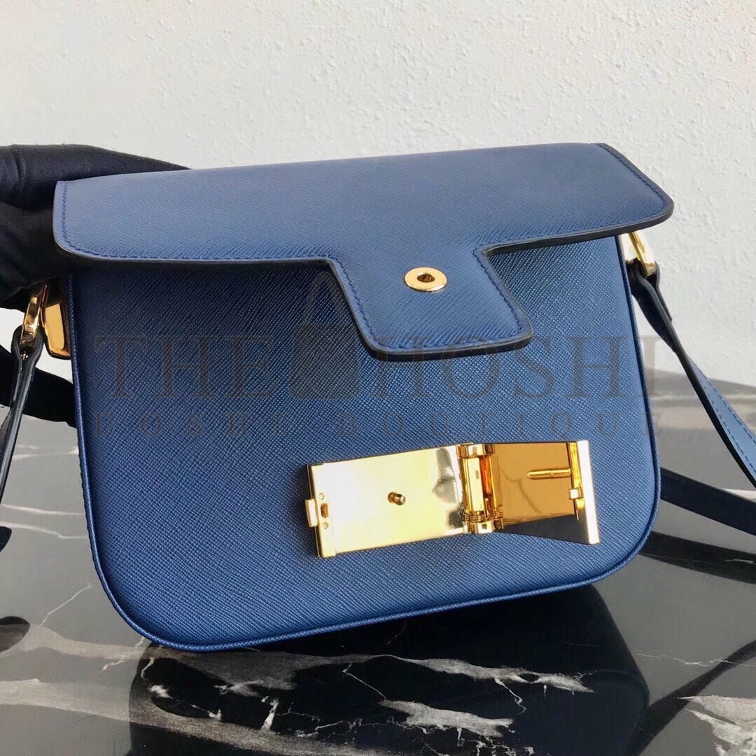 Pra*a Embleme Shoulder Bag In Blue Saffiano Leather Master Quality