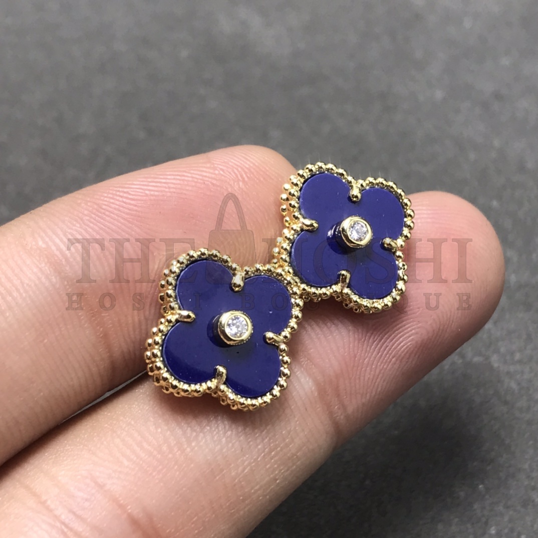 V*n Cl**f & Arpels Blue Clover Stud Earrings with D1am0nds, Vintage Alhambra earrings Master Quality