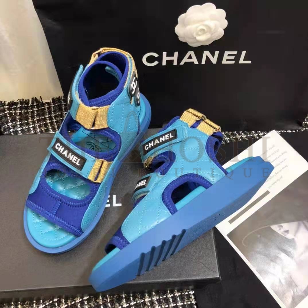 Ch**el Women Sandals Goatskin Fabric & TPU Blue Dark Blue & Black Master Quality