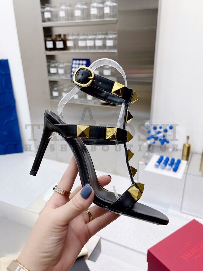 Va1e*ntin0 Roman Stud Sandals 100mm In Black Calfskin Master Quality