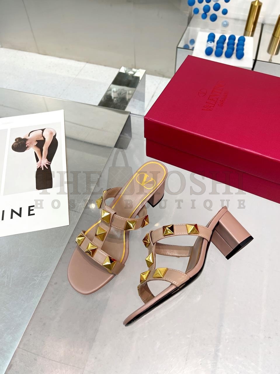 Va1e*ntin0 Roman Stud Slide Sandals 60mm In Rose Cannelle Calfskin Master Quality