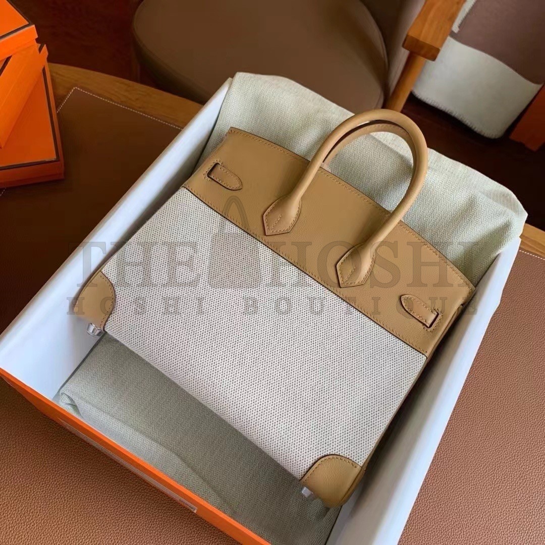 H**me5 Birkin 25 Handmade Bag In Toile & Biscuit Swift Leather Master Quality