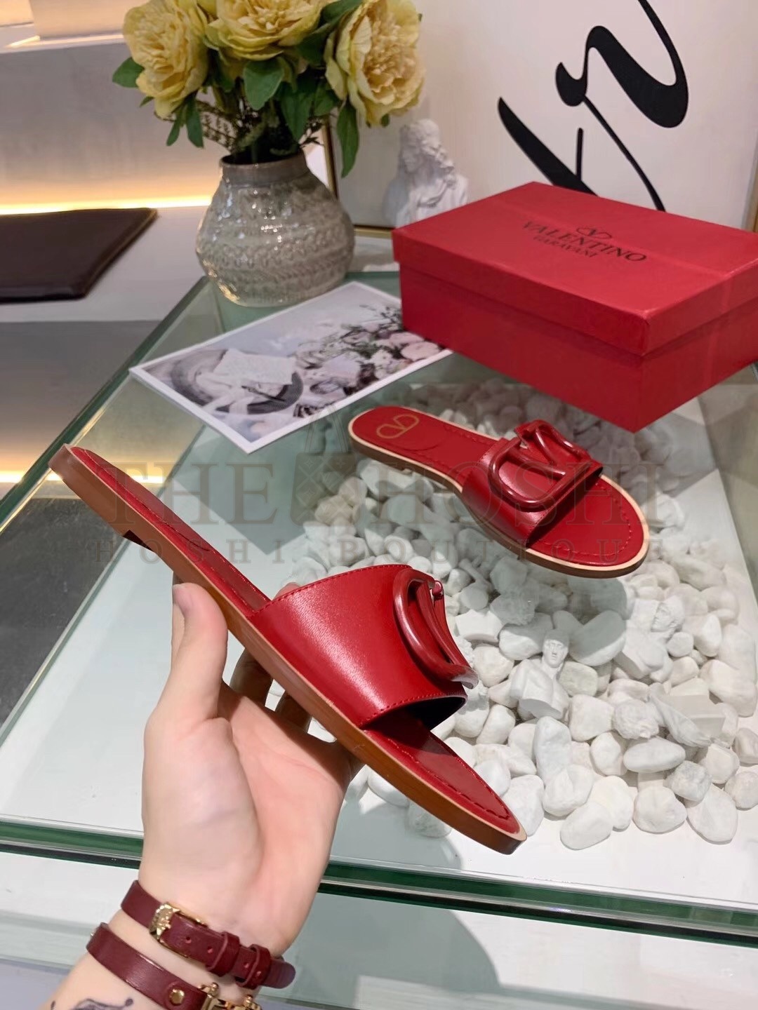 Va1e*ntin0 Vlogo Flat Slide Sandals In Red Calfskin Master Quality