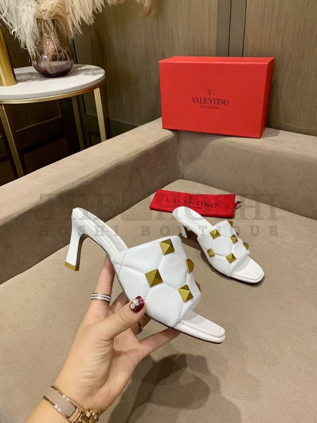 Va1e*ntin0 Roman Stud Slide Sandals 65mm In White Lambskin Master Quality