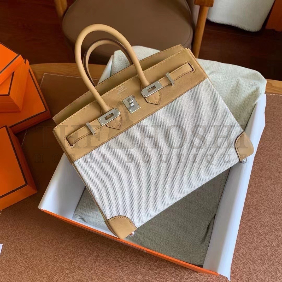 H**me5 Birkin 25 Handmade Bag In Toile & Biscuit Swift Leather Master Quality