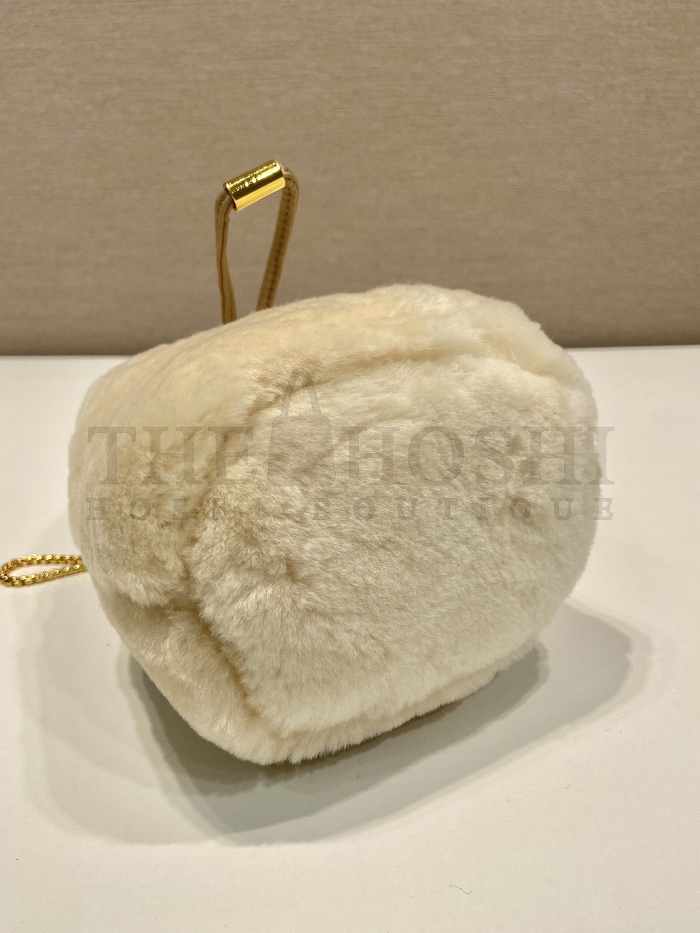 Pra*a Women Sheepskin Mini Pouch-Beige bag 9 x 9.5 x 6 cm Master Quality