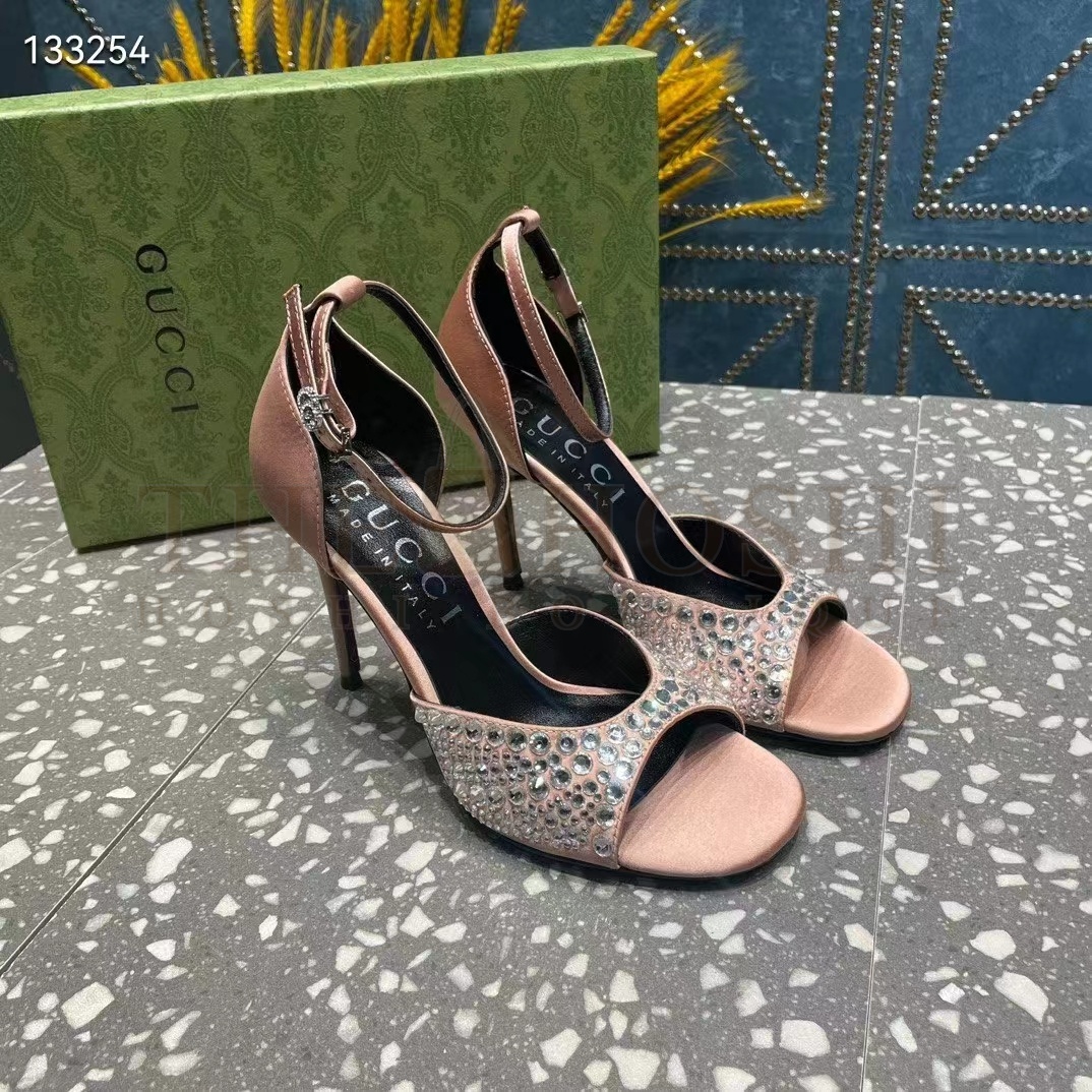 Gvc*1 Women G2 Mid-Heel Sandals Crystals Silver Satin 8 CM Heel Double G Master Quality