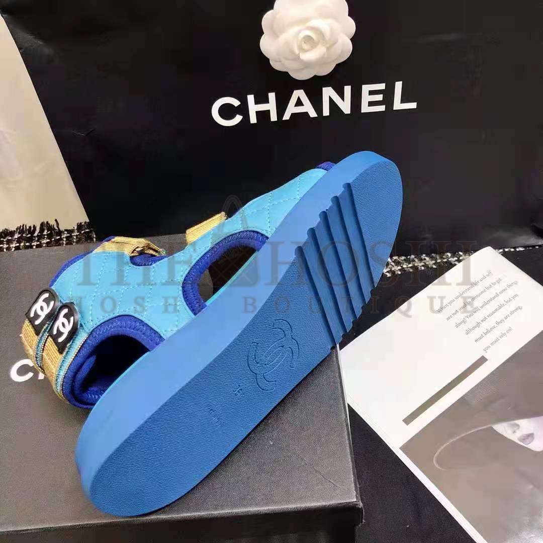 Ch**el Women Sandals Goatskin Fabric & TPU Blue Dark Blue & Black Master Quality
