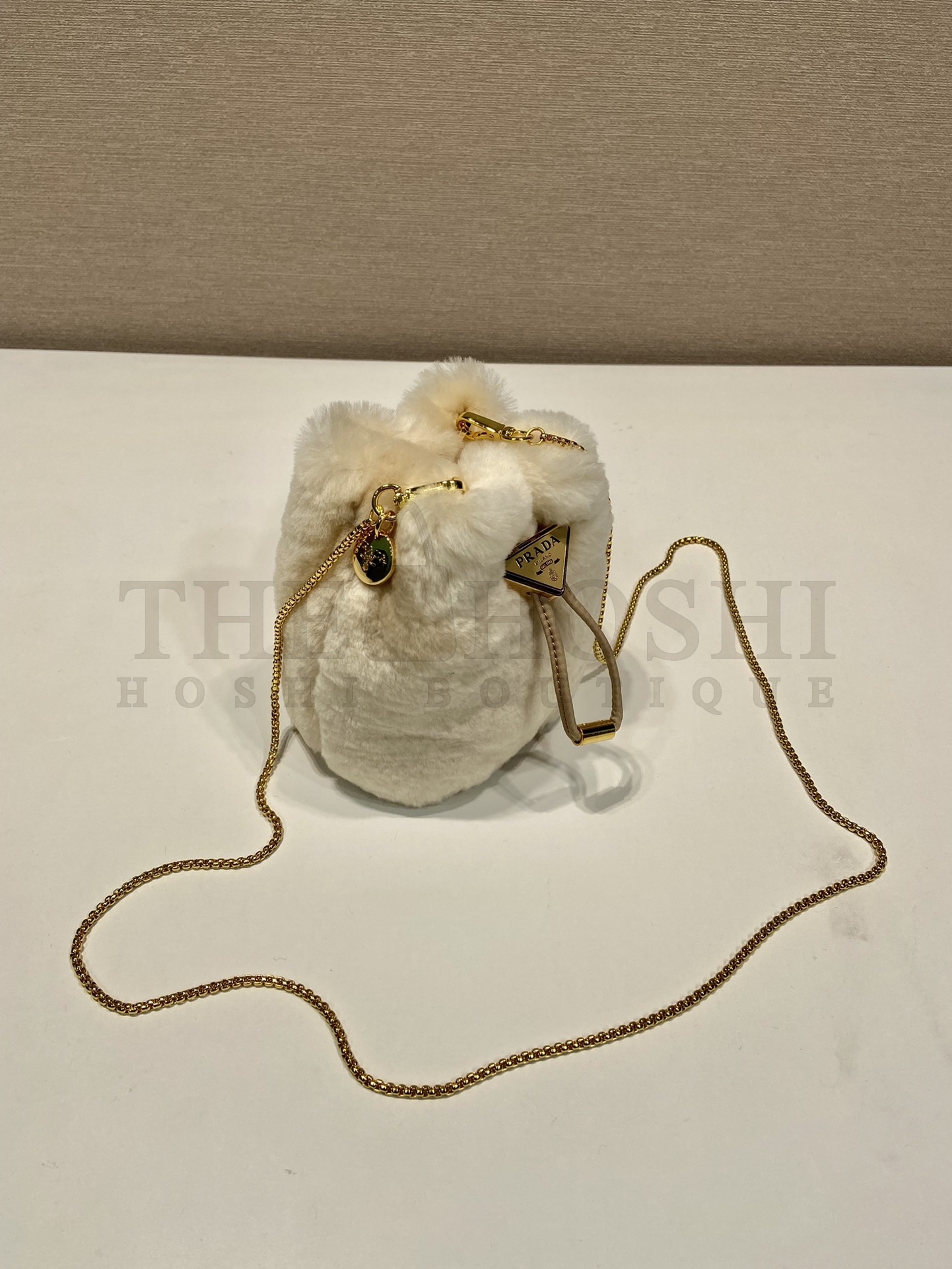 Pra*a Women Sheepskin Mini Pouch-Beige bag 9 x 9.5 x 6 cm Master Quality