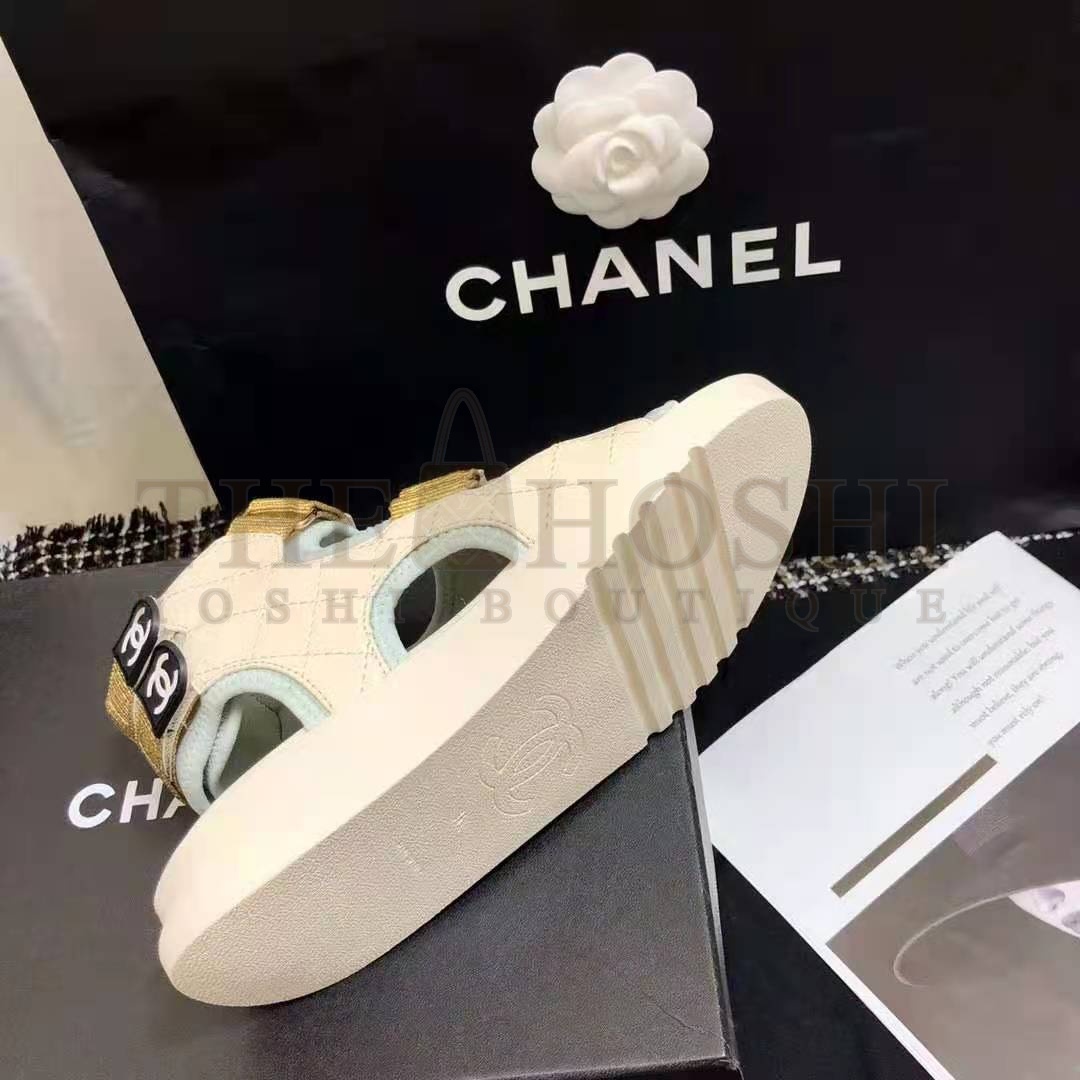 Ch**el Women Sandals Goatskin Fabric & TPU White Light Grey & Navy Blue Master Quality