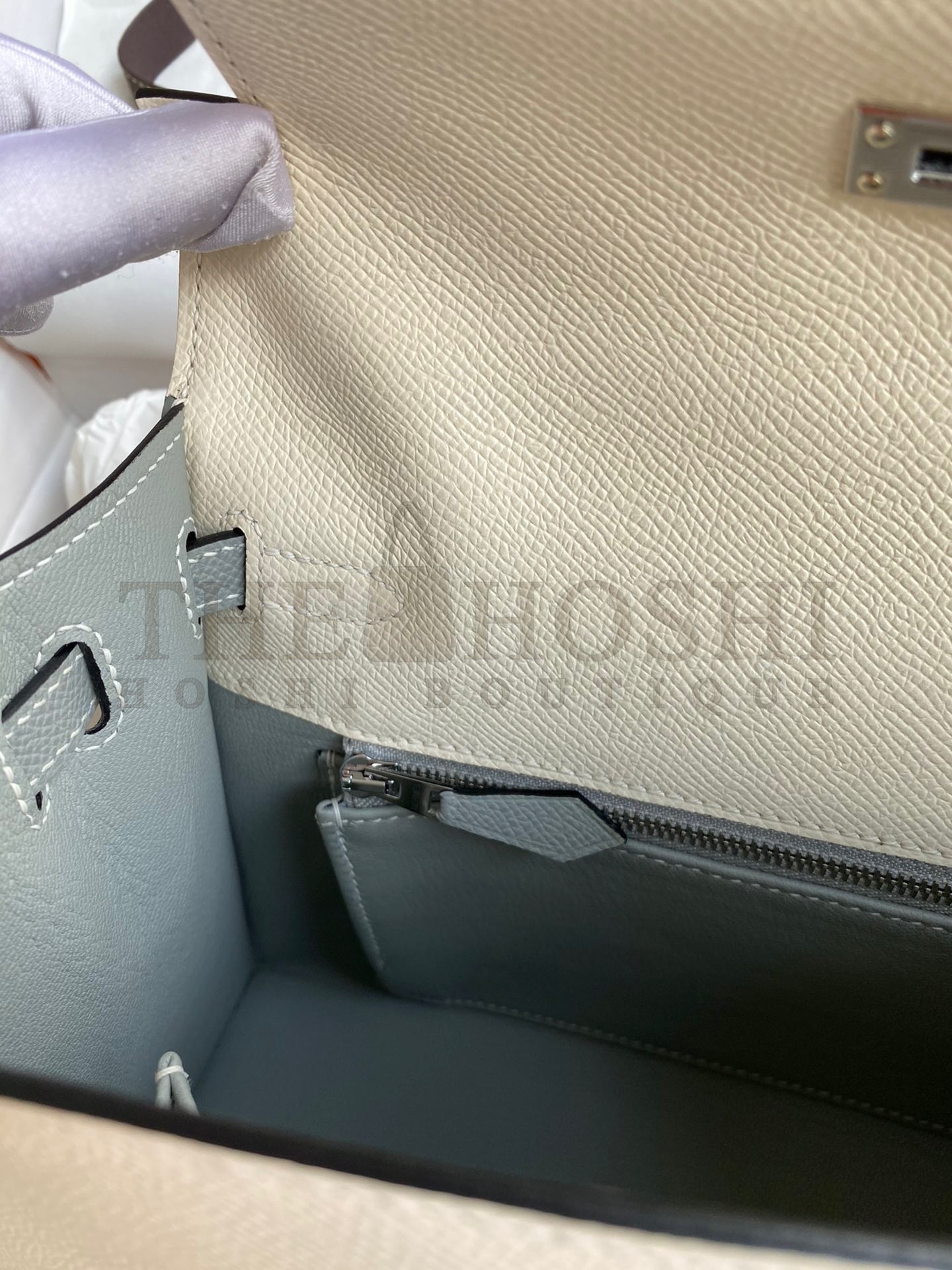 H**me5 Kelly Sellier 25 Bicolor Bag in Craie and Gris Mouette Epsom Calfskin Master Quality