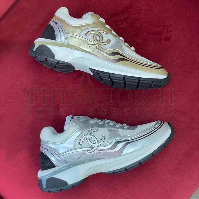 Ch**el trainer shoes Women CC Sneakers Fabric Laminated White Silver Master Quality