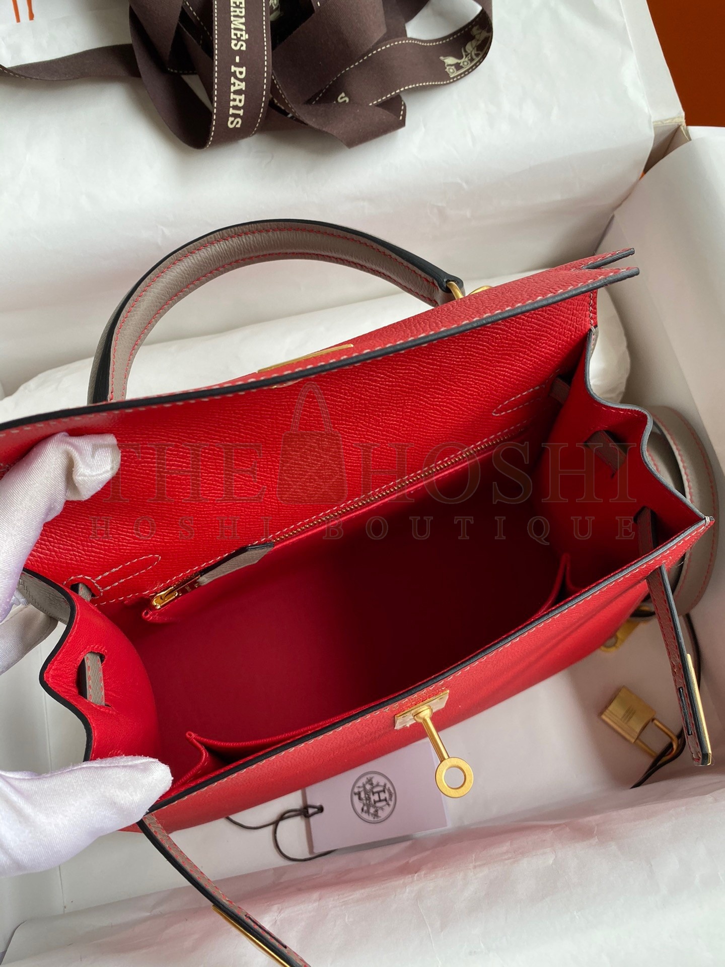 H**me5 Kelly Sellier 25 Bicolor Bag in Red and Etain Epsom Calfskin Master Quality