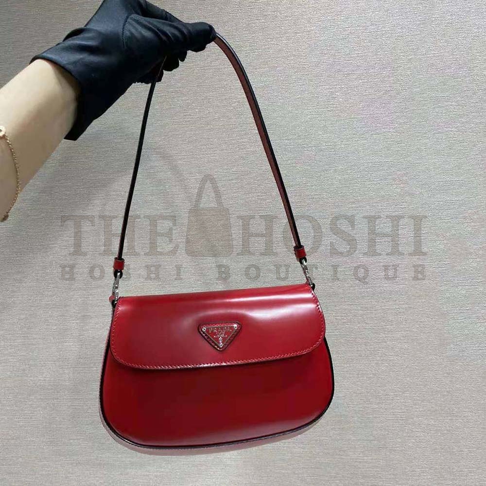 Pra*a Women Cleo Brushed Leather Shoulder Bag with Flap-Red Master Quality