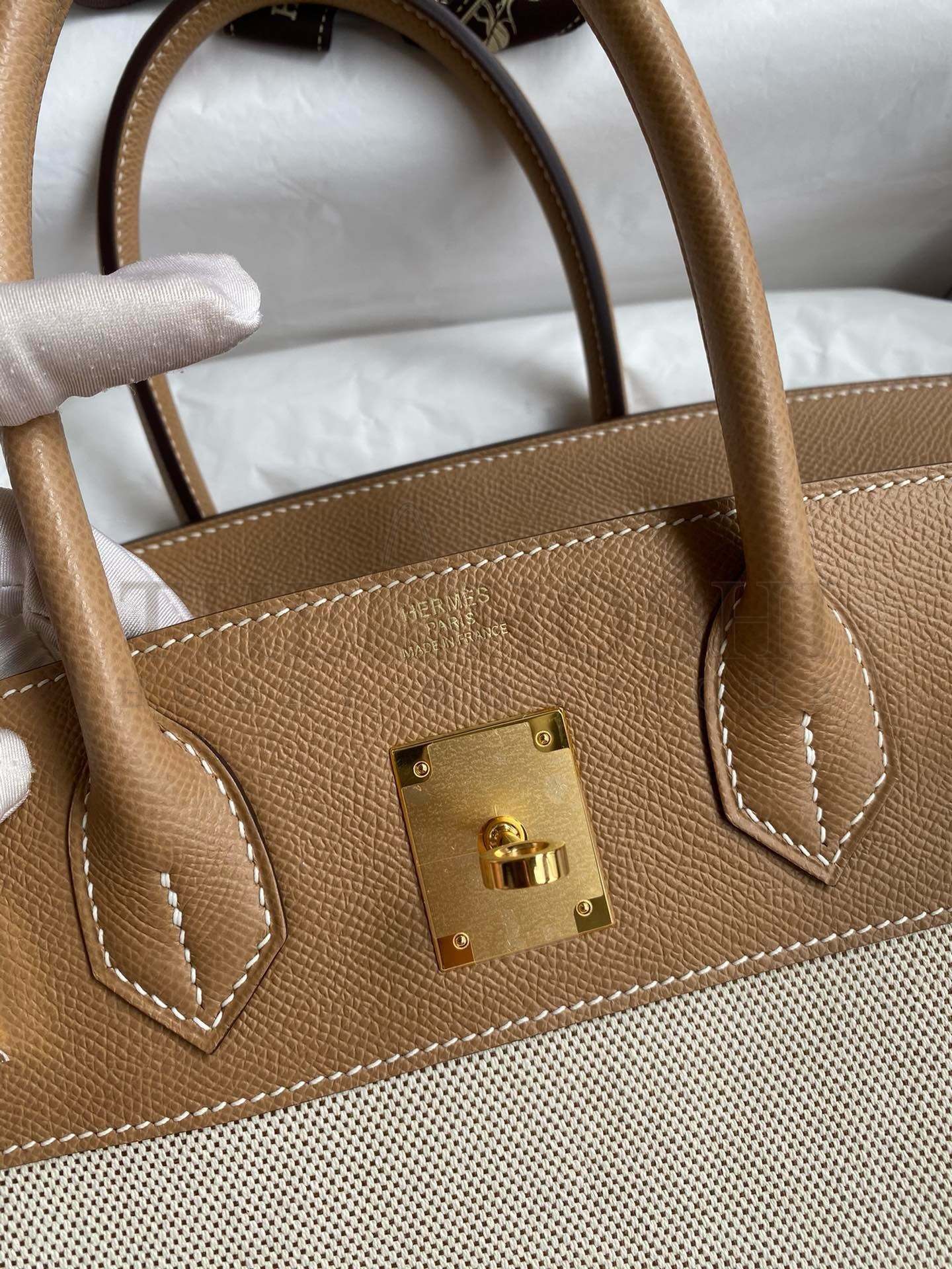 H**me5 Birkin 30 Handmade Bag In Toile & Chai Epsom Leather Master Quality