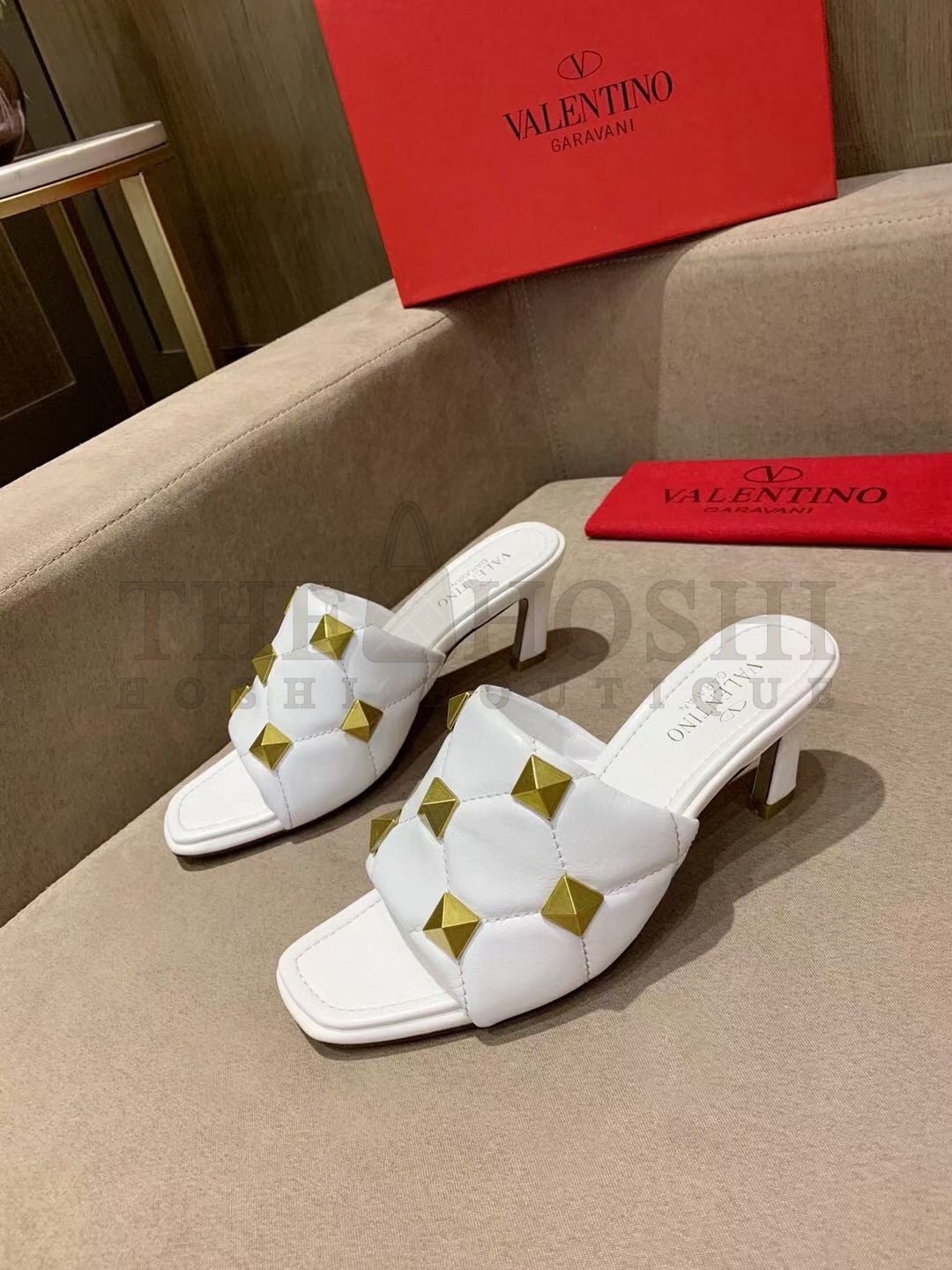 Va1e*ntin0 Roman Stud Slide Sandals 65mm In White Lambskin Master Quality