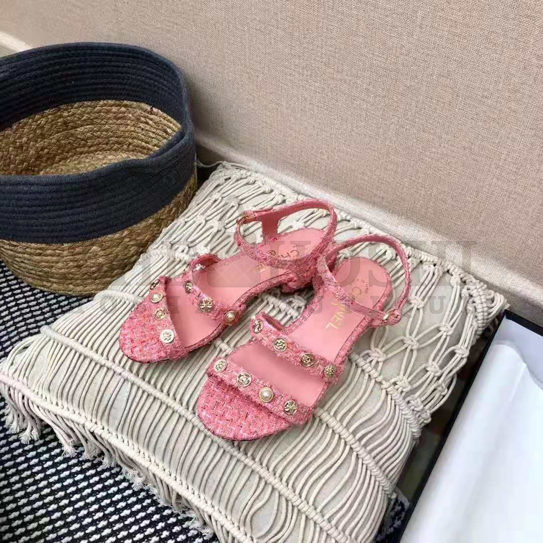 Ch**el Women Sandals Cotton Tweed & Jewelry Coral & Pink 2.5 cm Heel Master Quality