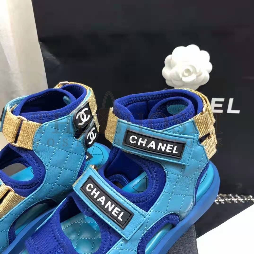 Ch**el Women Sandals Goatskin Fabric & TPU Blue Dark Blue & Black Master Quality