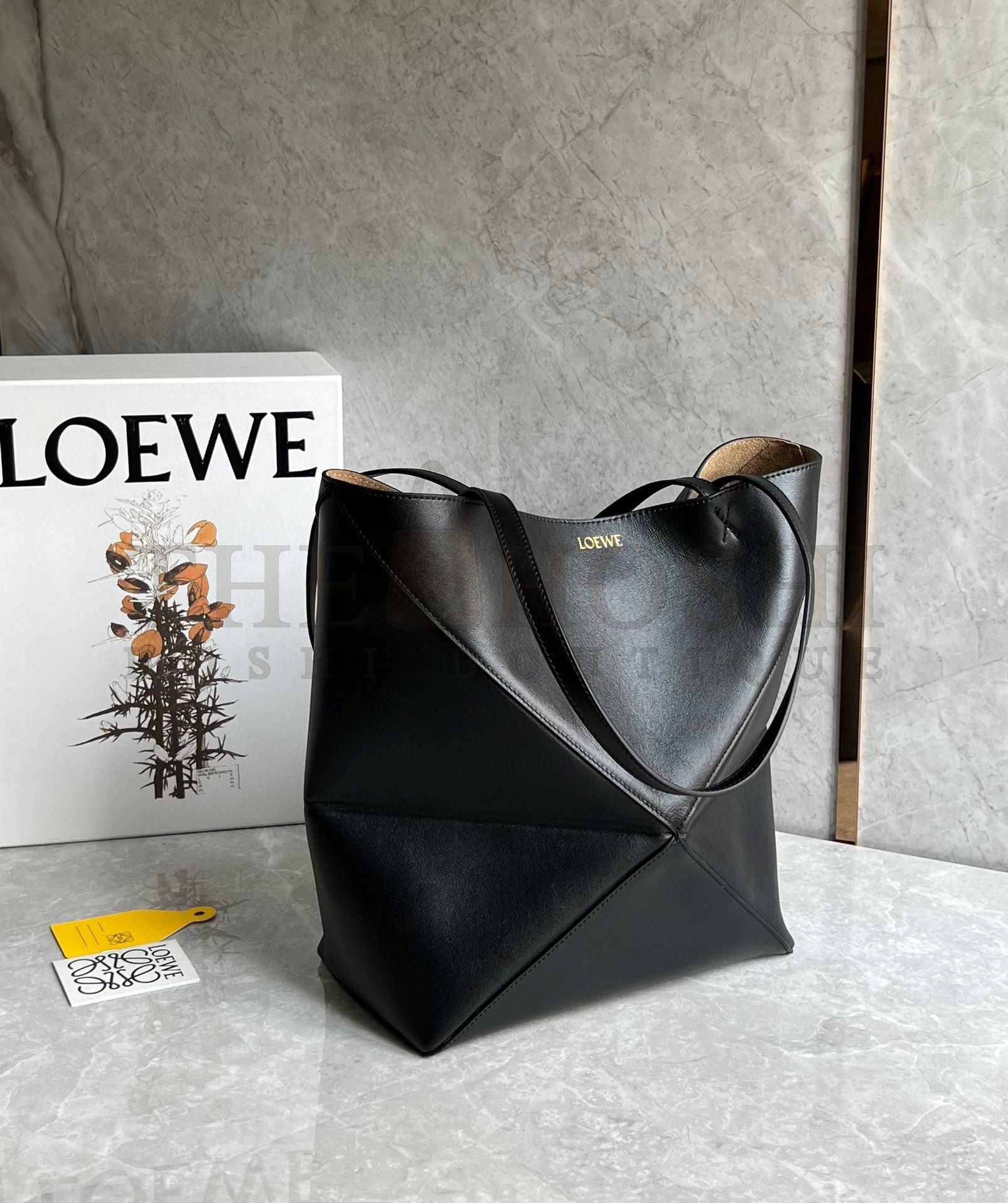 L0ew* Medium Puzzle Fold Tote Bag in Black Calfskin Master Quality
