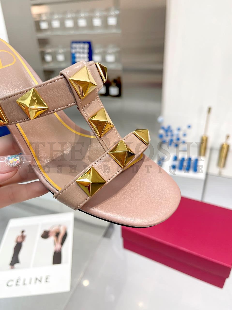 Va1e*ntin0 Roman Stud Slide Sandals 60mm In Rose Cannelle Calfskin Master Quality