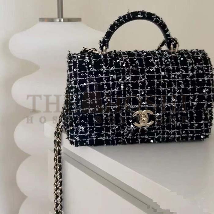 Ch**el Women CC Mini Flap Bag Top Handle Sequin Tweed Black Master Quality