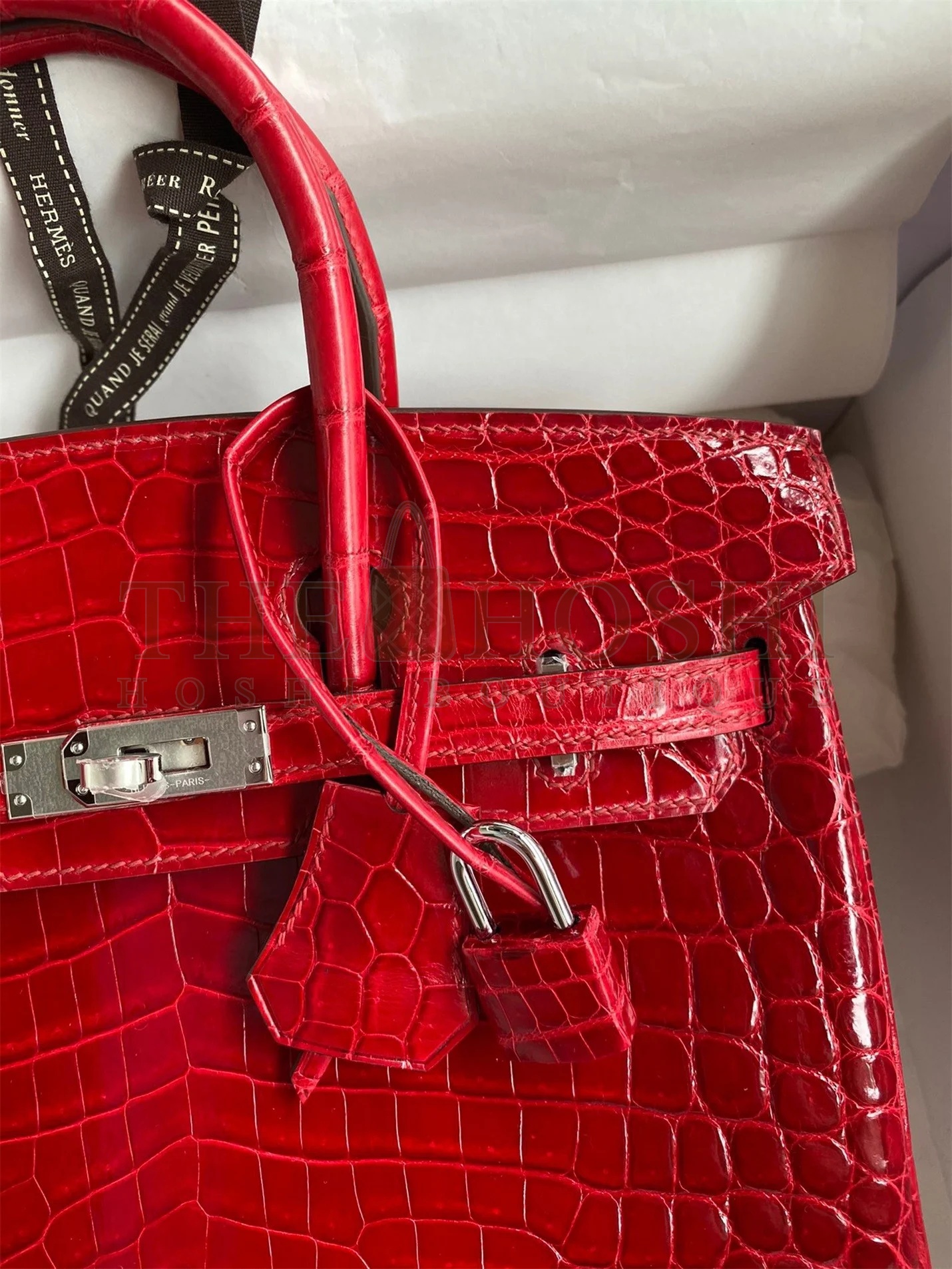 H**me5 Birkin 25 Handmade Bag In Red Crocodile Porosus Shiny Skin Master Quality