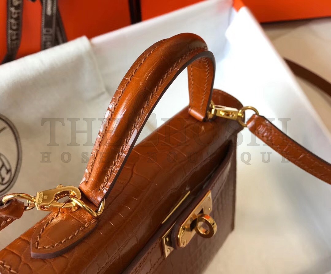H**me5 Kelly Mini II Bag In Brown Crocodile Embossed Leather Master Quality
