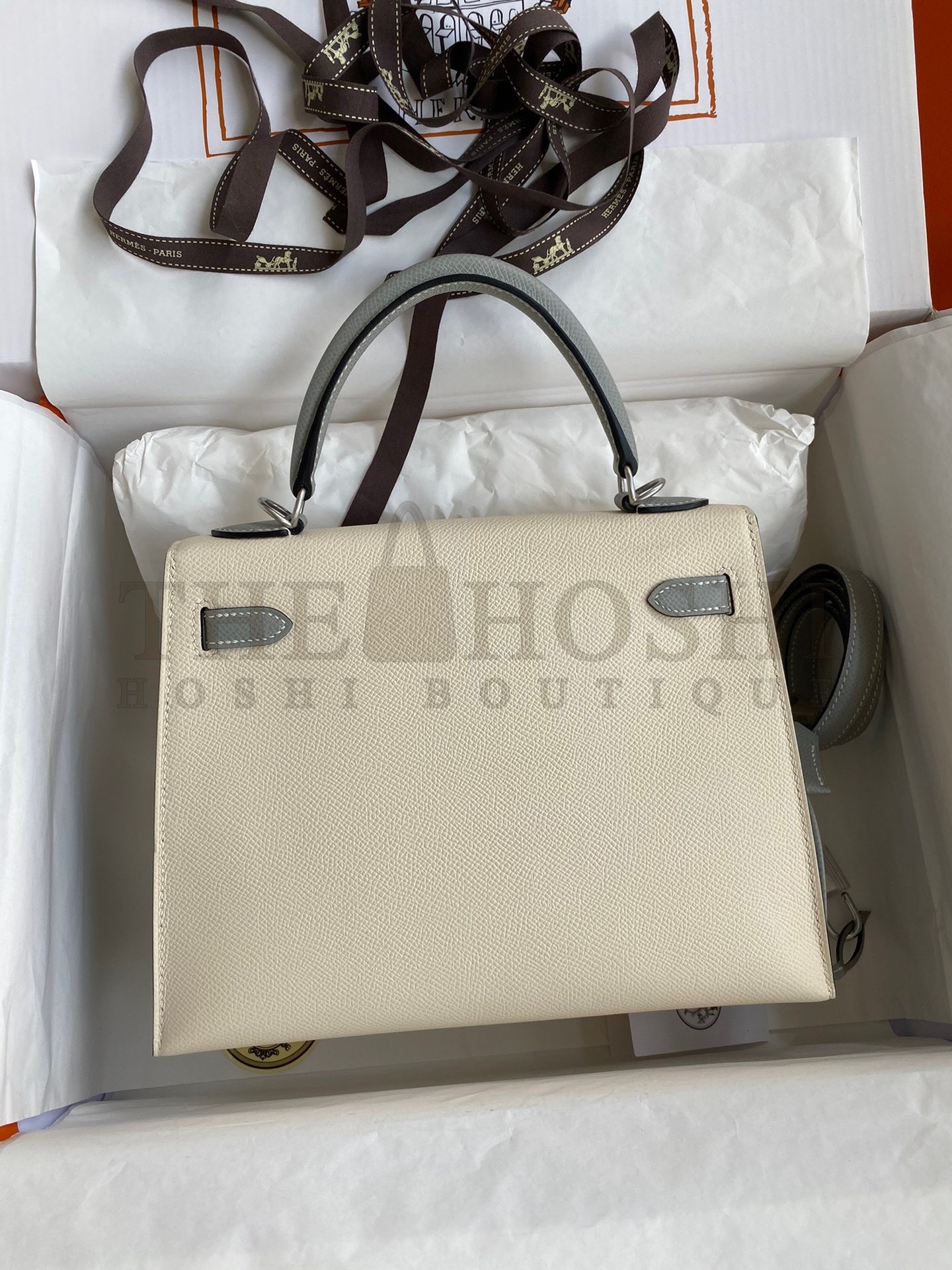 H**me5 Kelly Sellier 25 Bicolor Bag in Craie and Gris Mouette Epsom Calfskin Master Quality