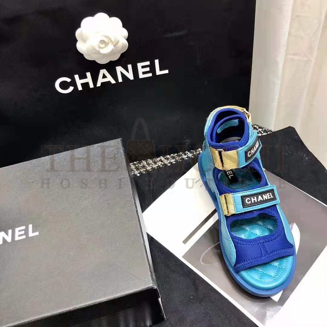 Ch**el Women Sandals Goatskin Fabric & TPU Blue Dark Blue & Black Master Quality