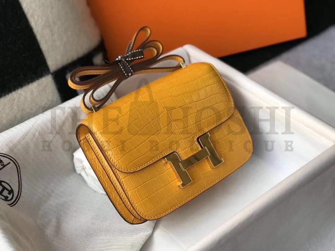 H**me5 Constance 18cm Bag In Yellow Embossed Crocodile Master Quality