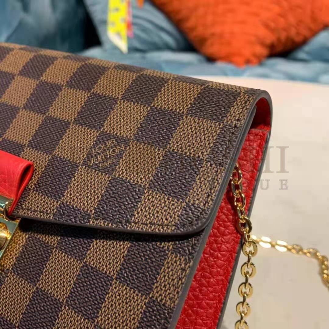 L0vis Vvtt0n LV Women Croisette Chain Wallet Scarlet Red Damier Ebene Coated Canvas Master Quality