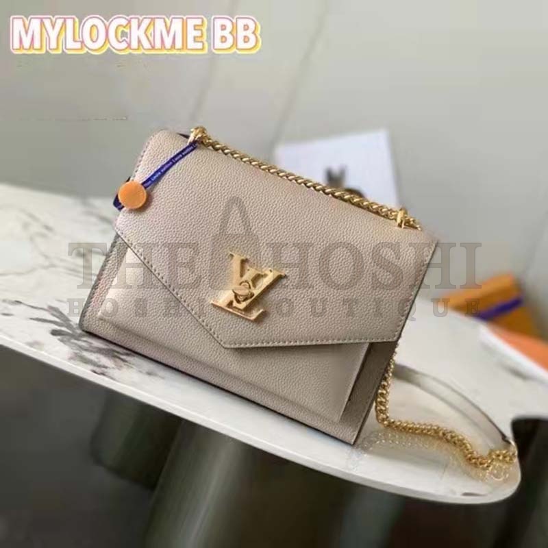 L0vis Vvtt0n LV Women Mylockme Chain Bag Beige Soft Grained Calfskin Turn Lock Master Quality