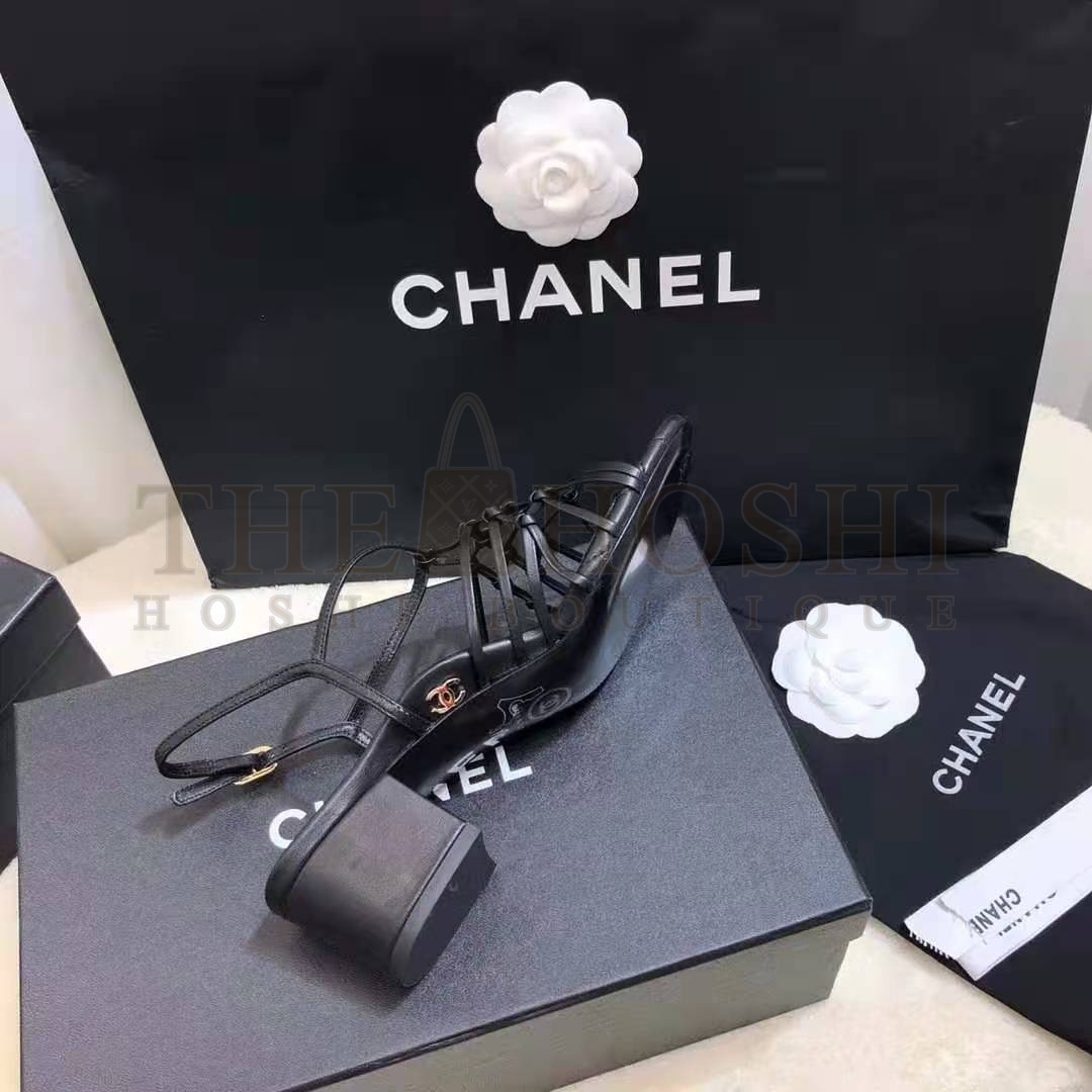 Ch**el Women Sandals Iridescent Calfskin Black 5 cm Heel Master Quality