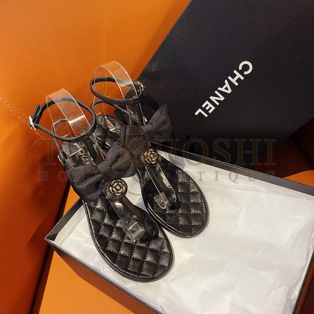 Ch**el Women CC Sandals Grosgrain Black 1 CM Heel Master Quality