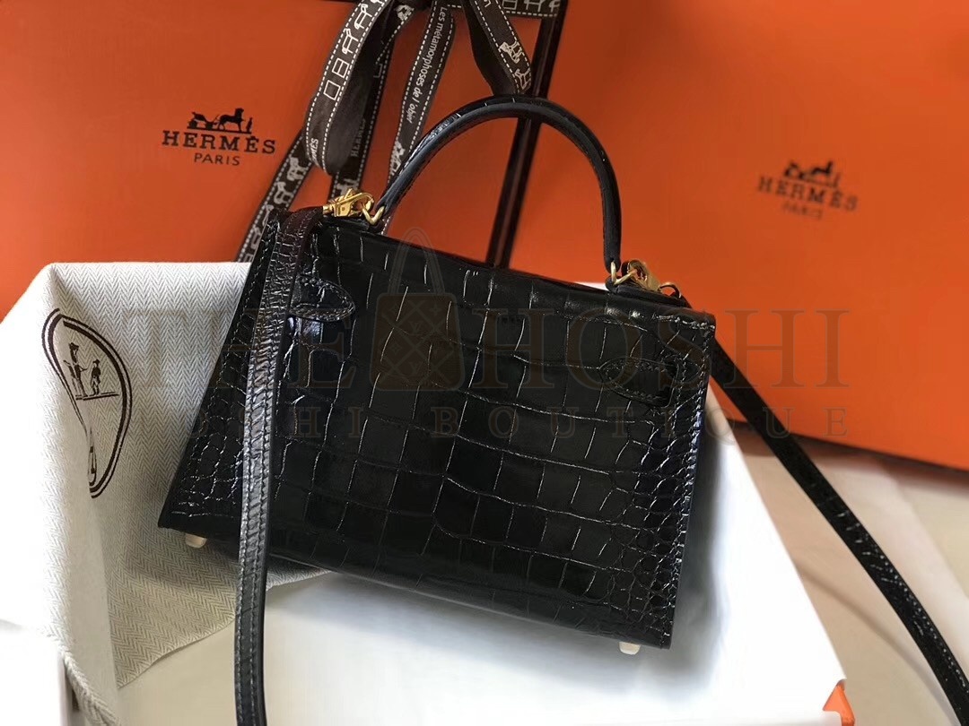 H**me5 Kelly Mini II Bag In Black Crocodile Embossed Leather Master Quality