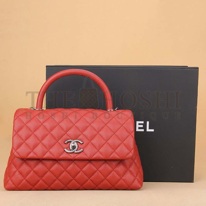 Ch**el Women Flap Bag with Top Handle in Grained Calfskin Leather-Red Master Quality