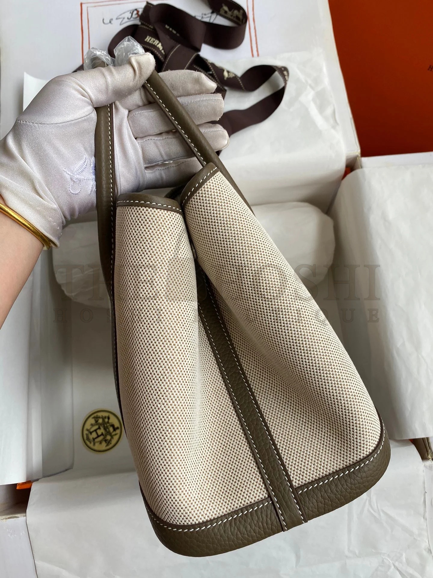 H**me5 Garden Party 30 Handmade Bag in Toile and Taupe Leather Master Quality